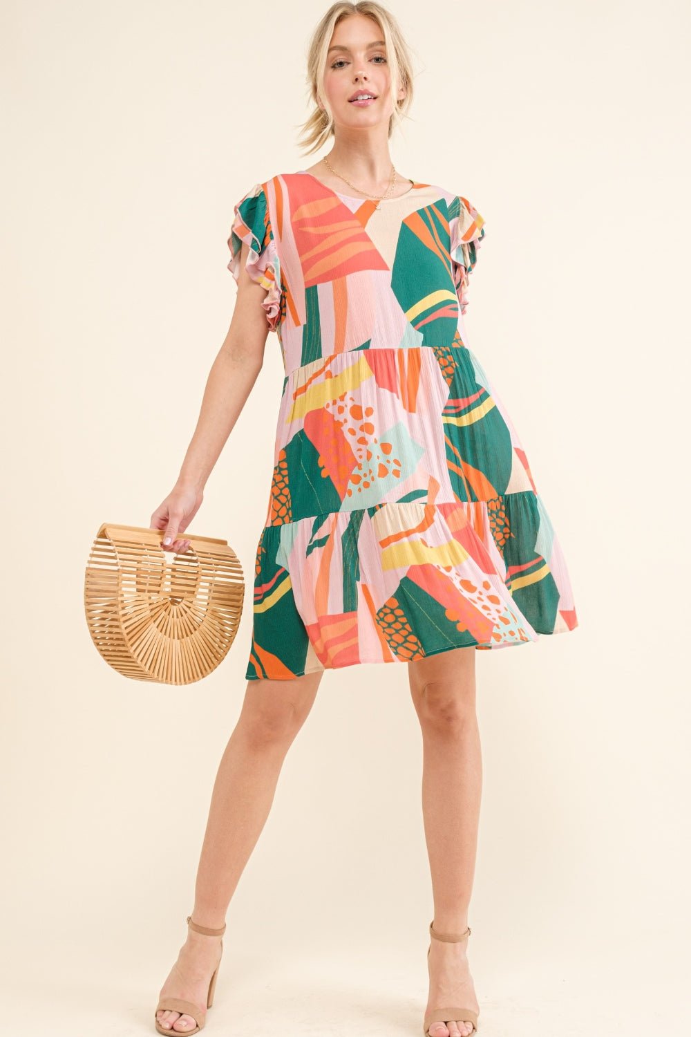 And The Why Printed Double Ruffle Sleeve Dress - Runway Regalia