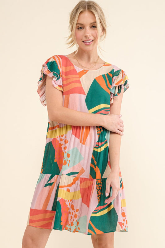 And The Why Printed Double Ruffle Sleeve Dress - Runway Regalia