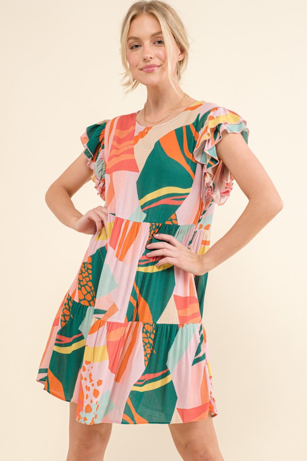 And The Why Printed Double Ruffle Sleeve Dress - Runway Regalia