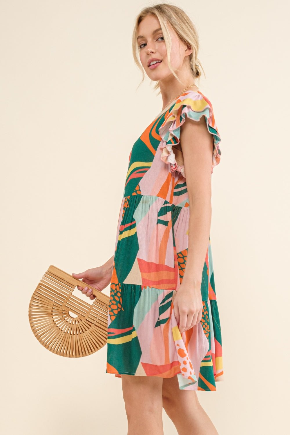 And The Why Printed Double Ruffle Sleeve Dress - Runway Regalia