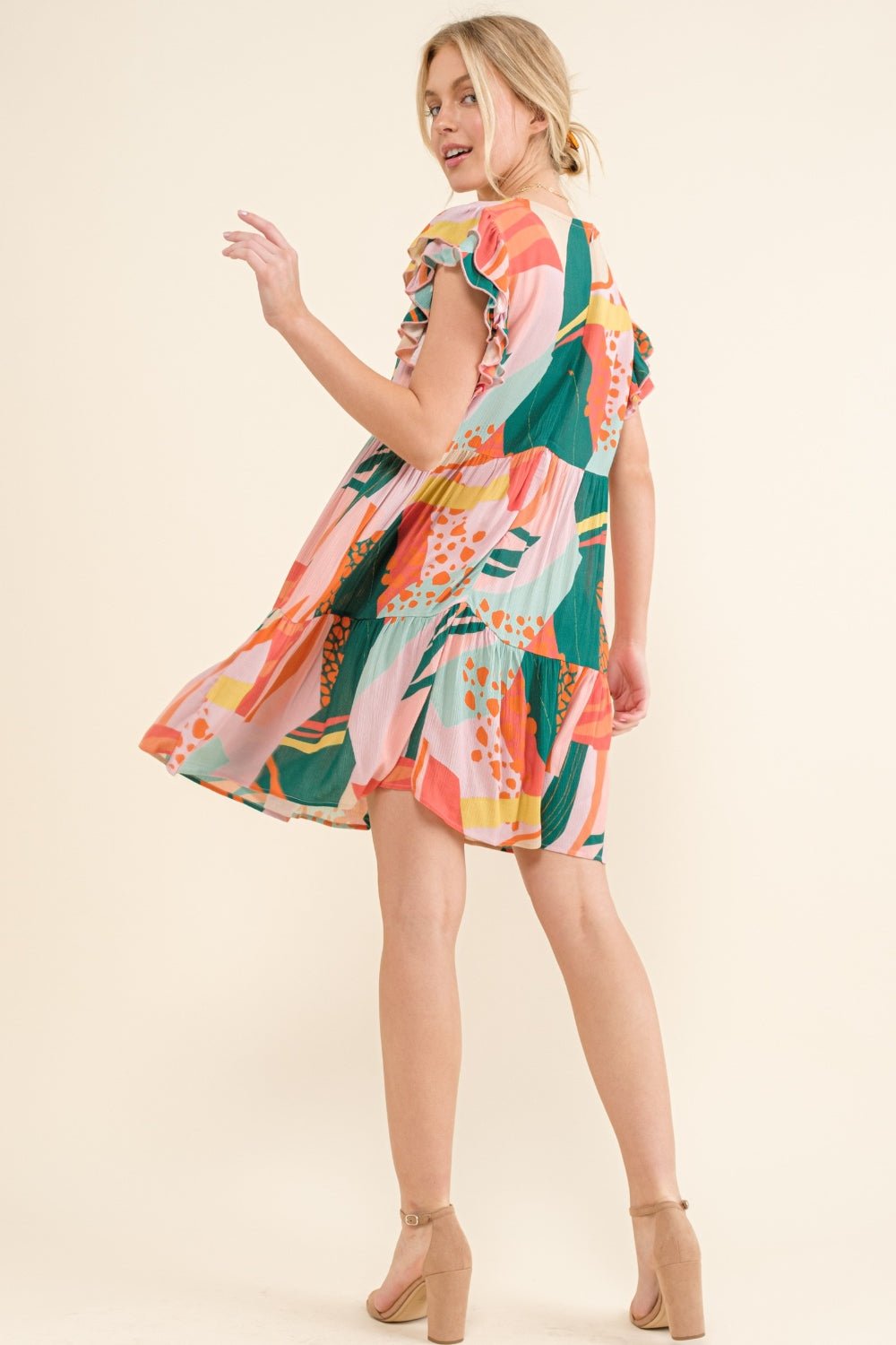 And The Why Printed Double Ruffle Sleeve Dress - Runway Regalia