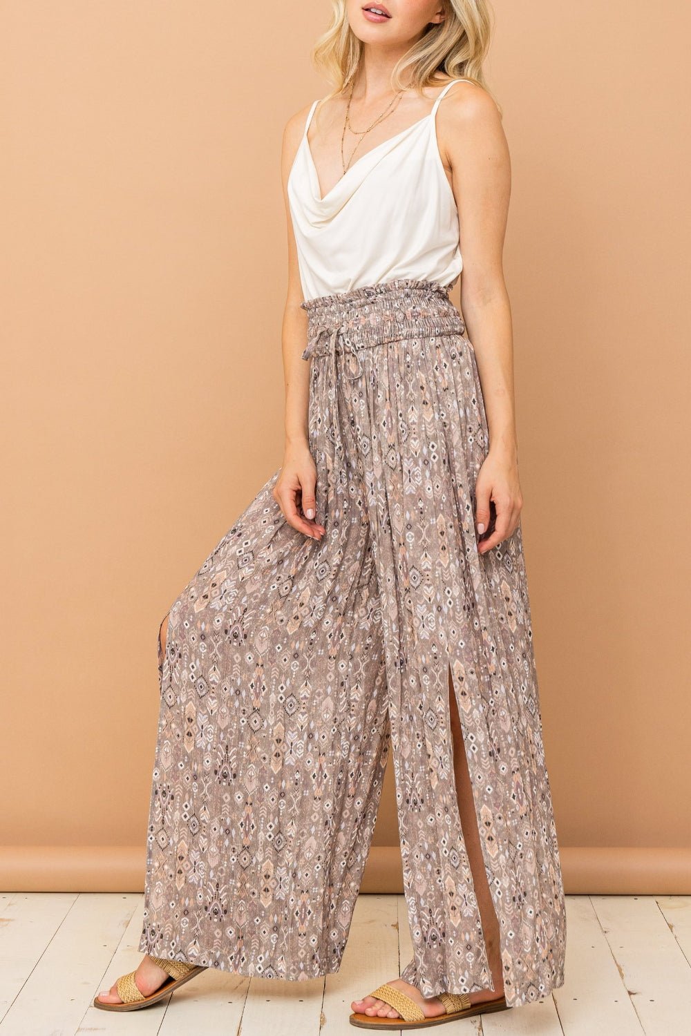 And The Why Printed Smocked Waist Slit Wide Leg Pants - Runway Regalia