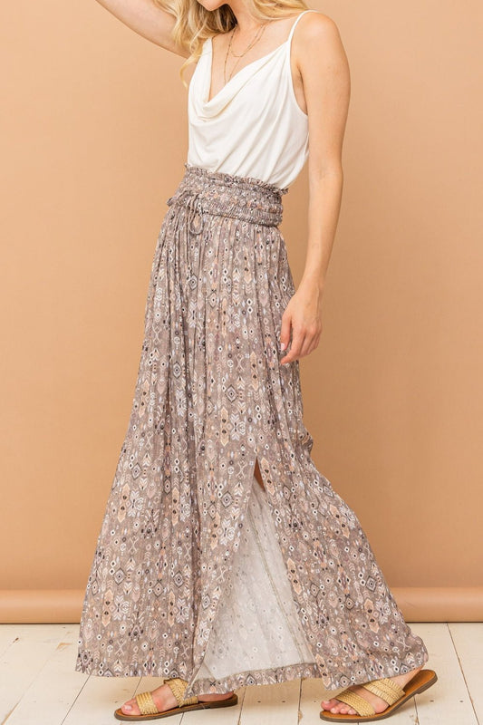 And The Why Printed Smocked Waist Slit Wide Leg Pants - Runway Regalia