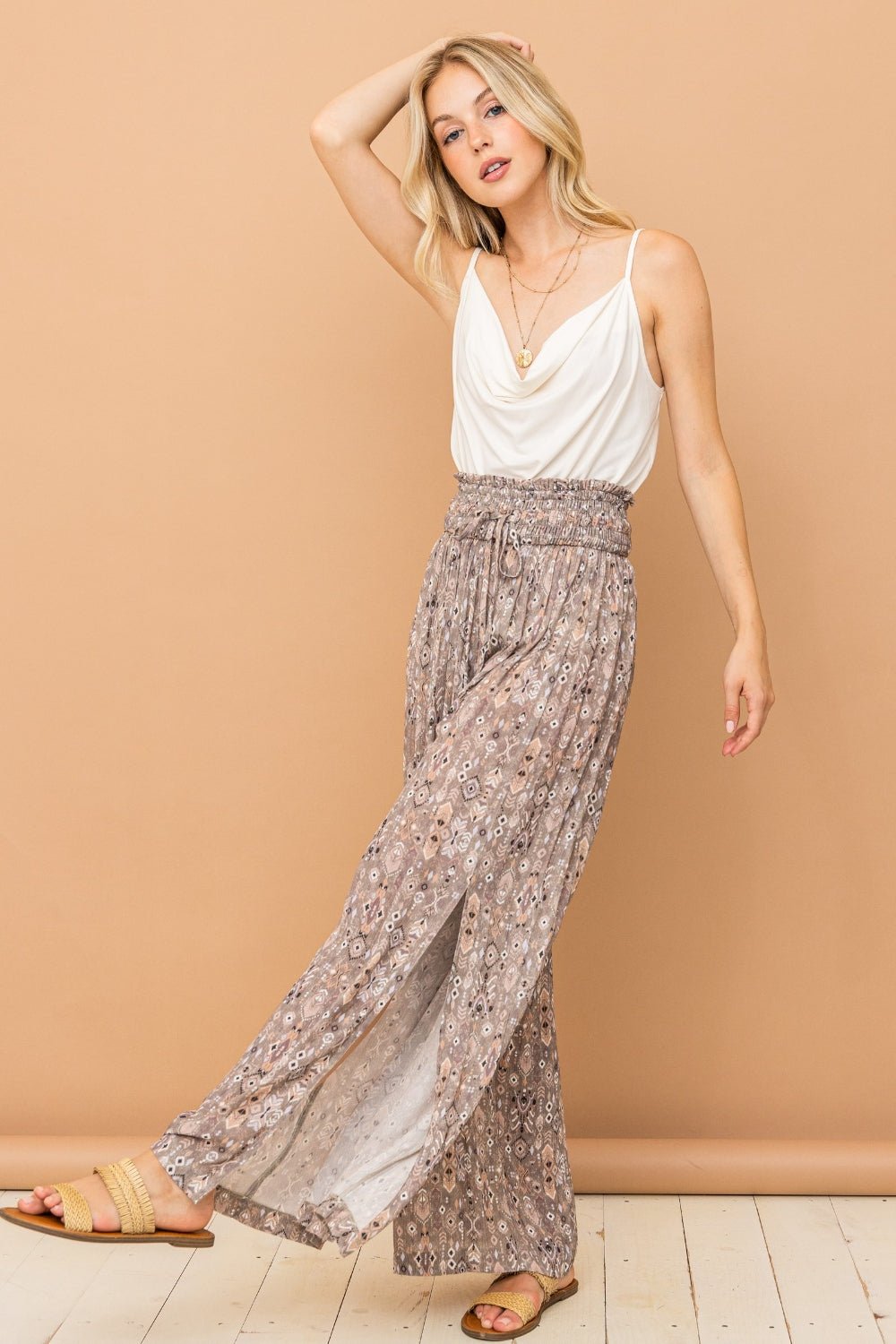 And The Why Printed Smocked Waist Slit Wide Leg Pants - Runway Regalia