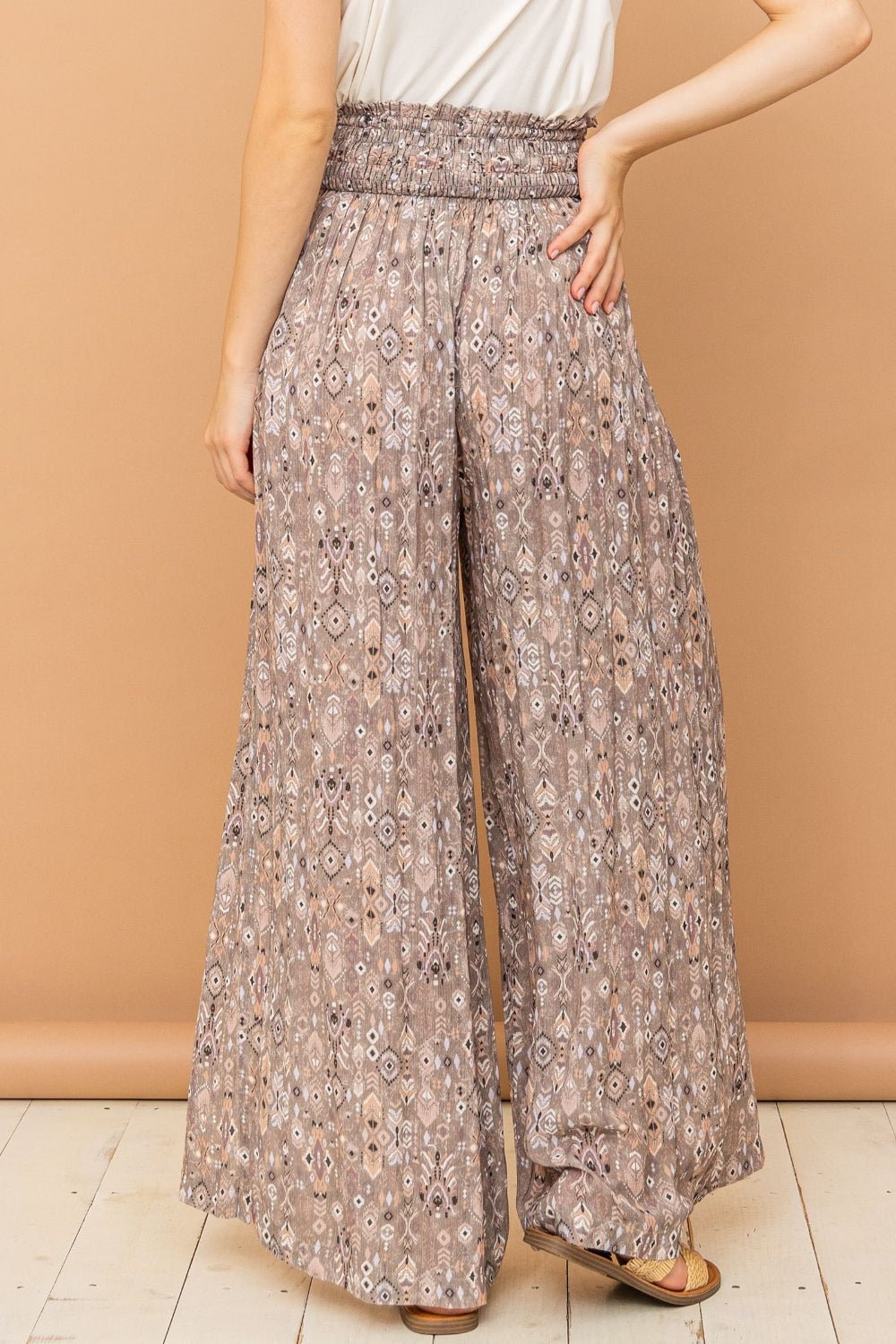 And The Why Printed Smocked Waist Slit Wide Leg Pants - Runway Regalia