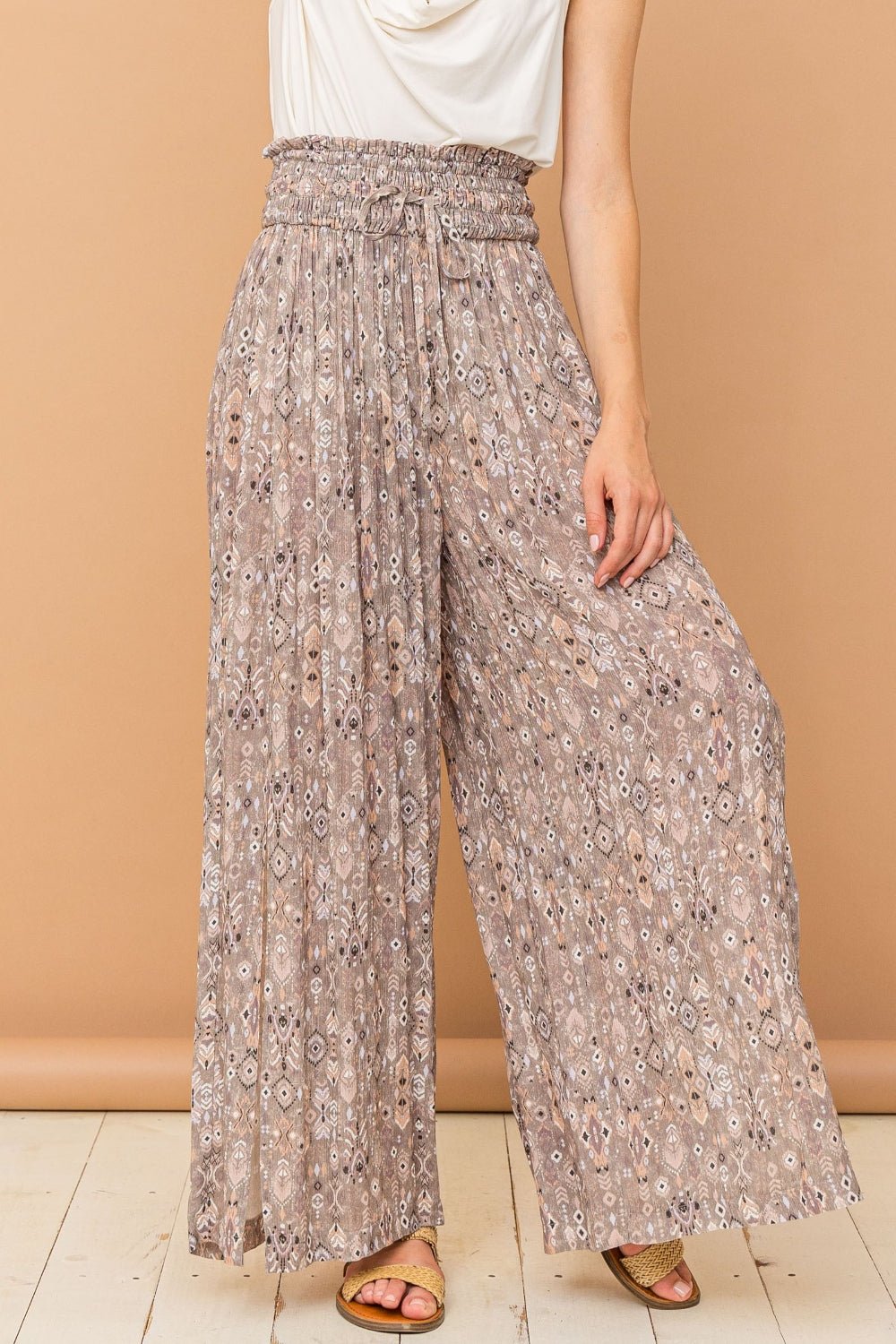 And The Why Printed Smocked Waist Slit Wide Leg Pants - Runway Regalia