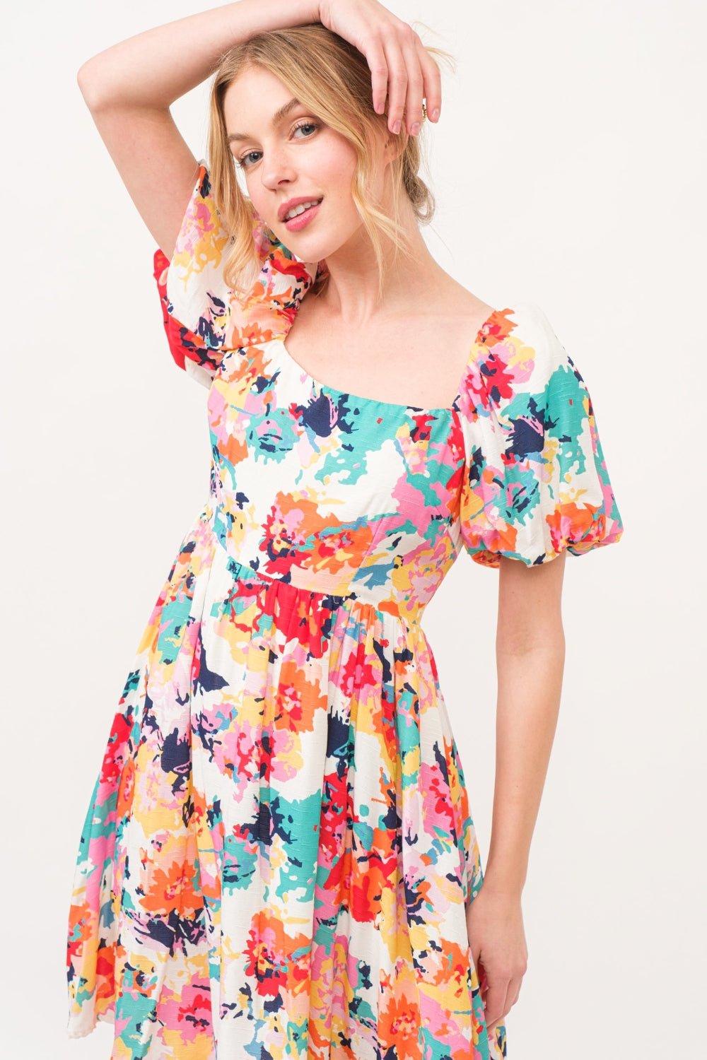 And The Why Square Neck Puff Sleeve Floral Dress - Runway Regalia