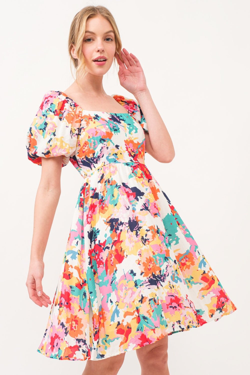 And The Why Square Neck Puff Sleeve Floral Dress - Runway Regalia