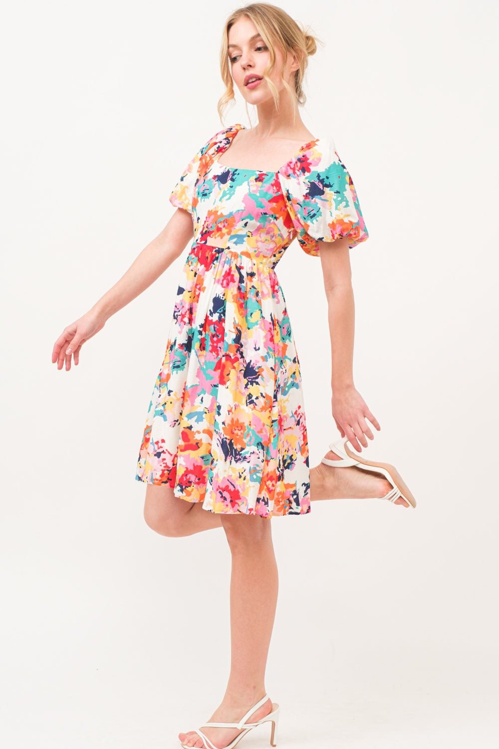 And The Why Square Neck Puff Sleeve Floral Dress - Runway Regalia