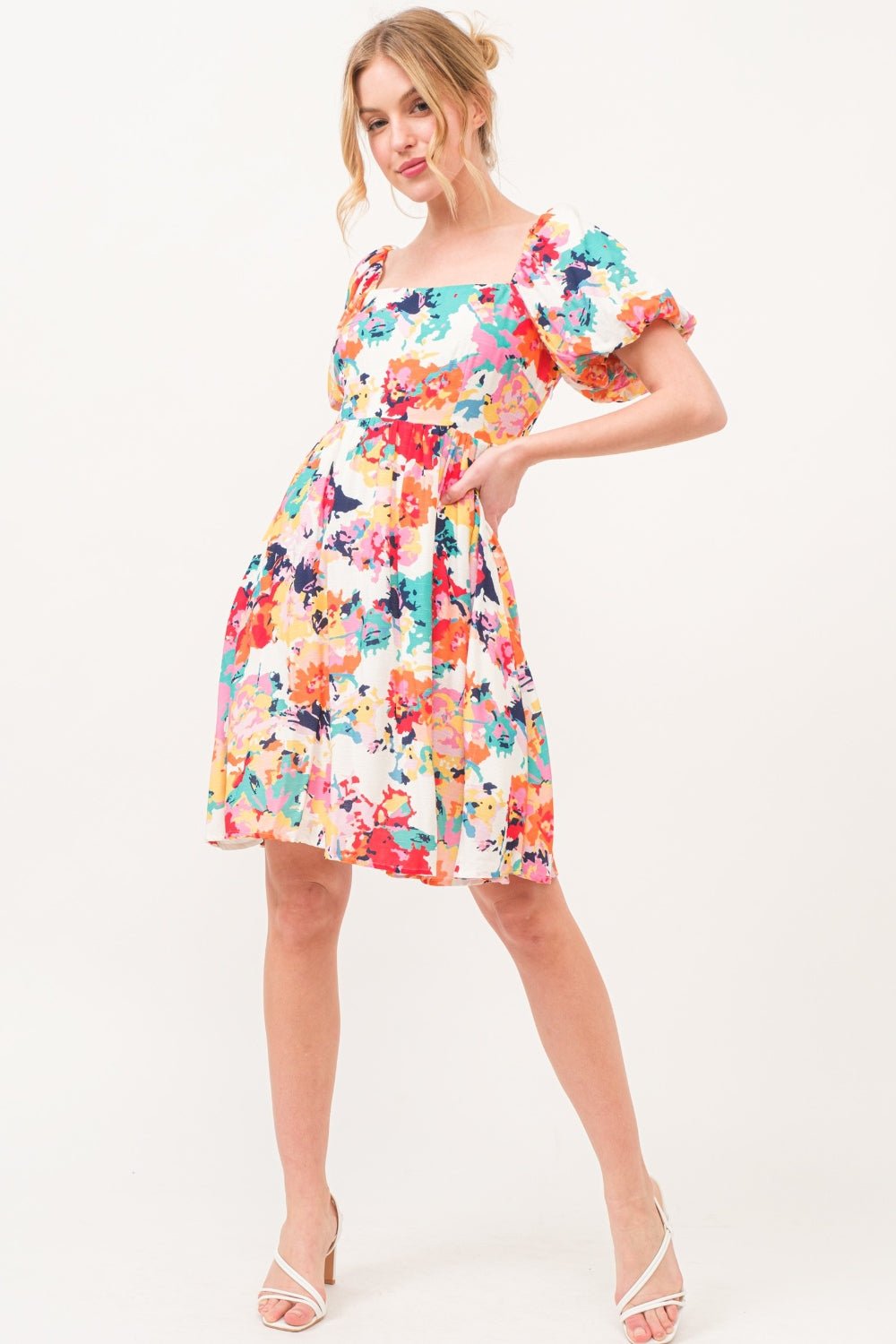 And The Why Square Neck Puff Sleeve Floral Dress - Runway Regalia