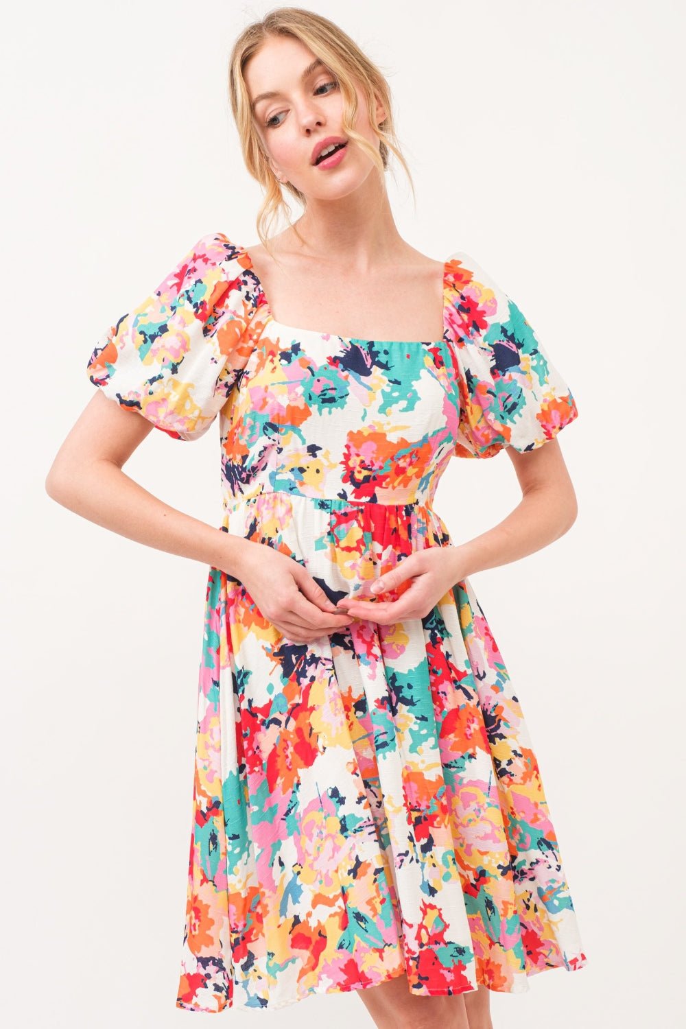 And The Why Square Neck Puff Sleeve Floral Dress - Runway Regalia