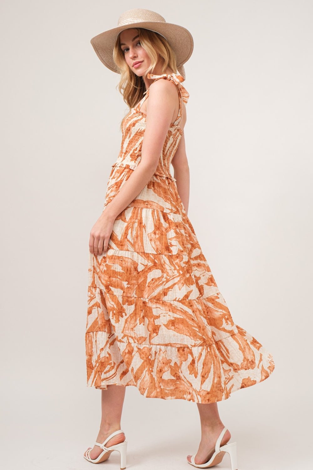 And The Why Tie Shoulder Smocked Midi Tiered Dress - Runway Regalia