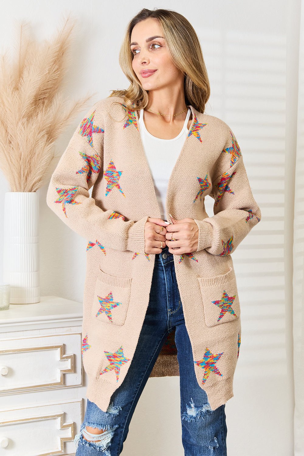 Angel Wings Star Pattern Open Front Longline Cardigan - Runway Regalia