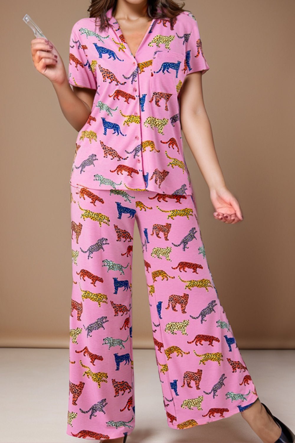 Animal Button Up Top and Pants Lounge Set - Runway Regalia