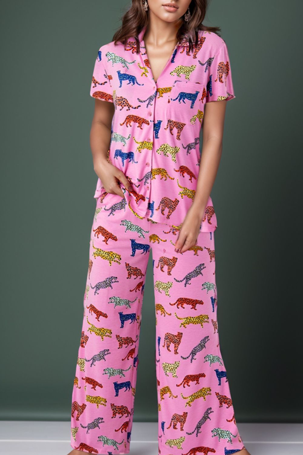 Animal Button Up Top and Pants Lounge Set - Runway Regalia