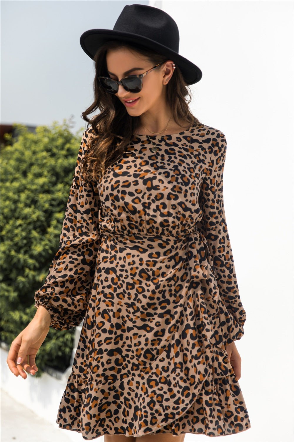 Animal Print Round Neck Balloon Sleeve Mini Dress - Runway Regalia