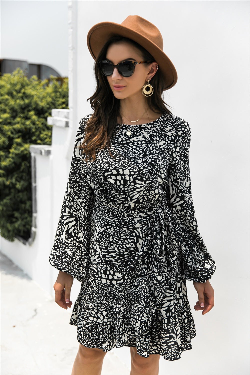 Animal Print Round Neck Balloon Sleeve Mini Dress - Runway Regalia