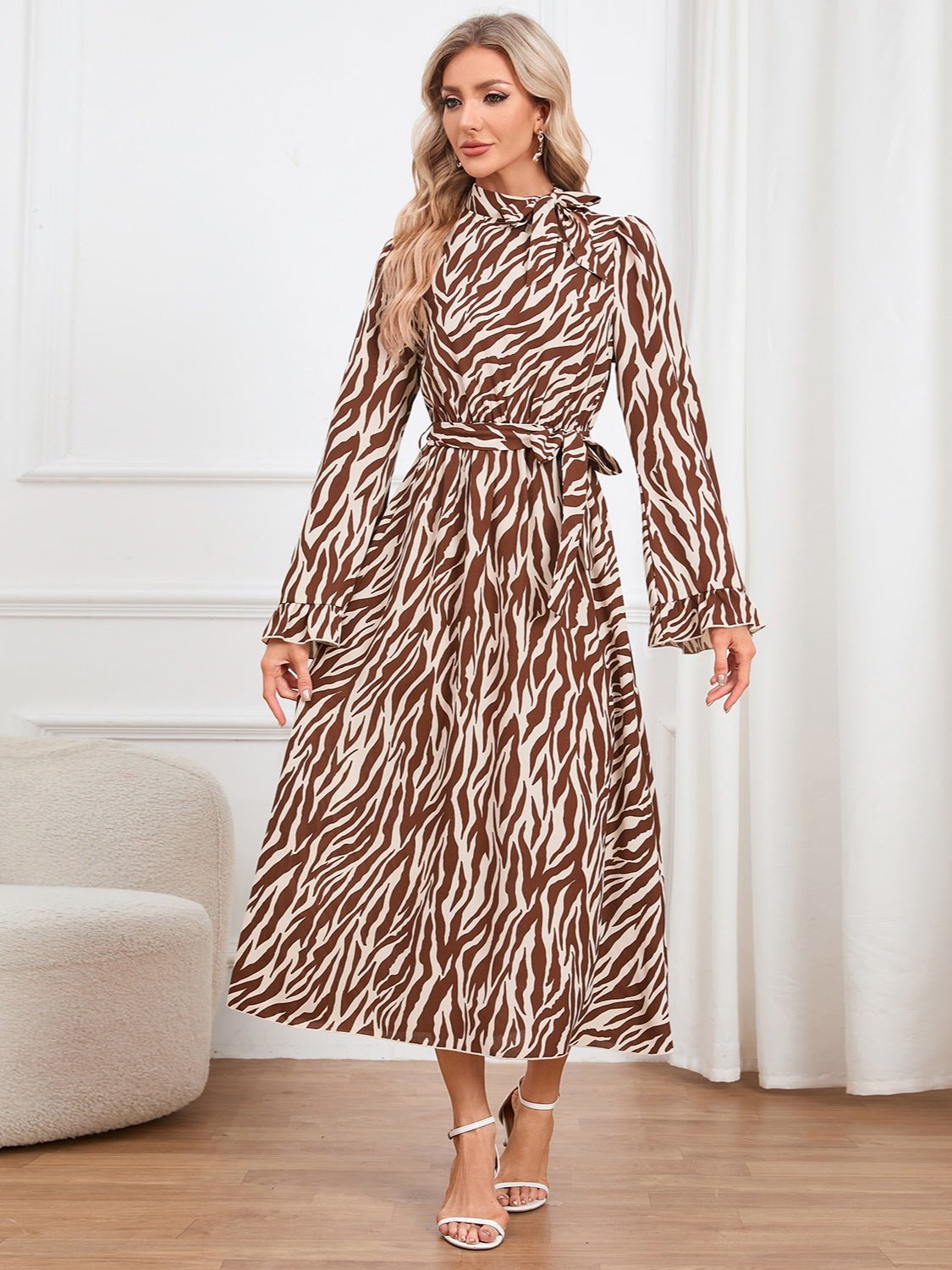 Animal Print Tie Front Ruffle Trim Dress - Runway Regalia