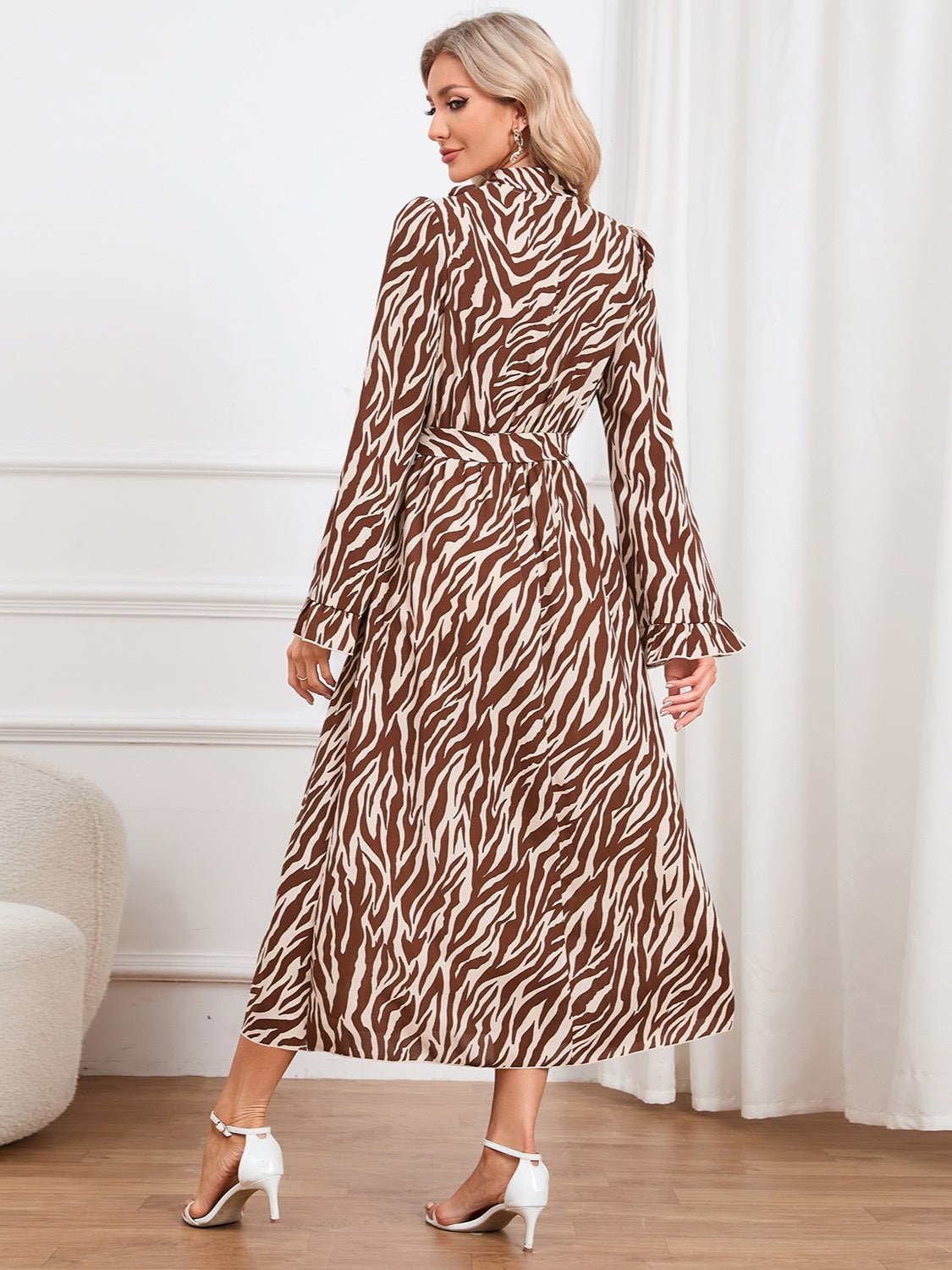 Animal Print Tie Front Ruffle Trim Dress - Runway Regalia