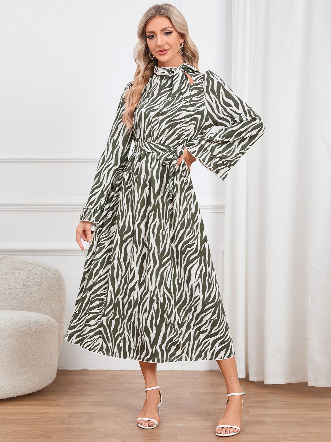 Animal Print Tie Front Ruffle Trim Dress - Runway Regalia