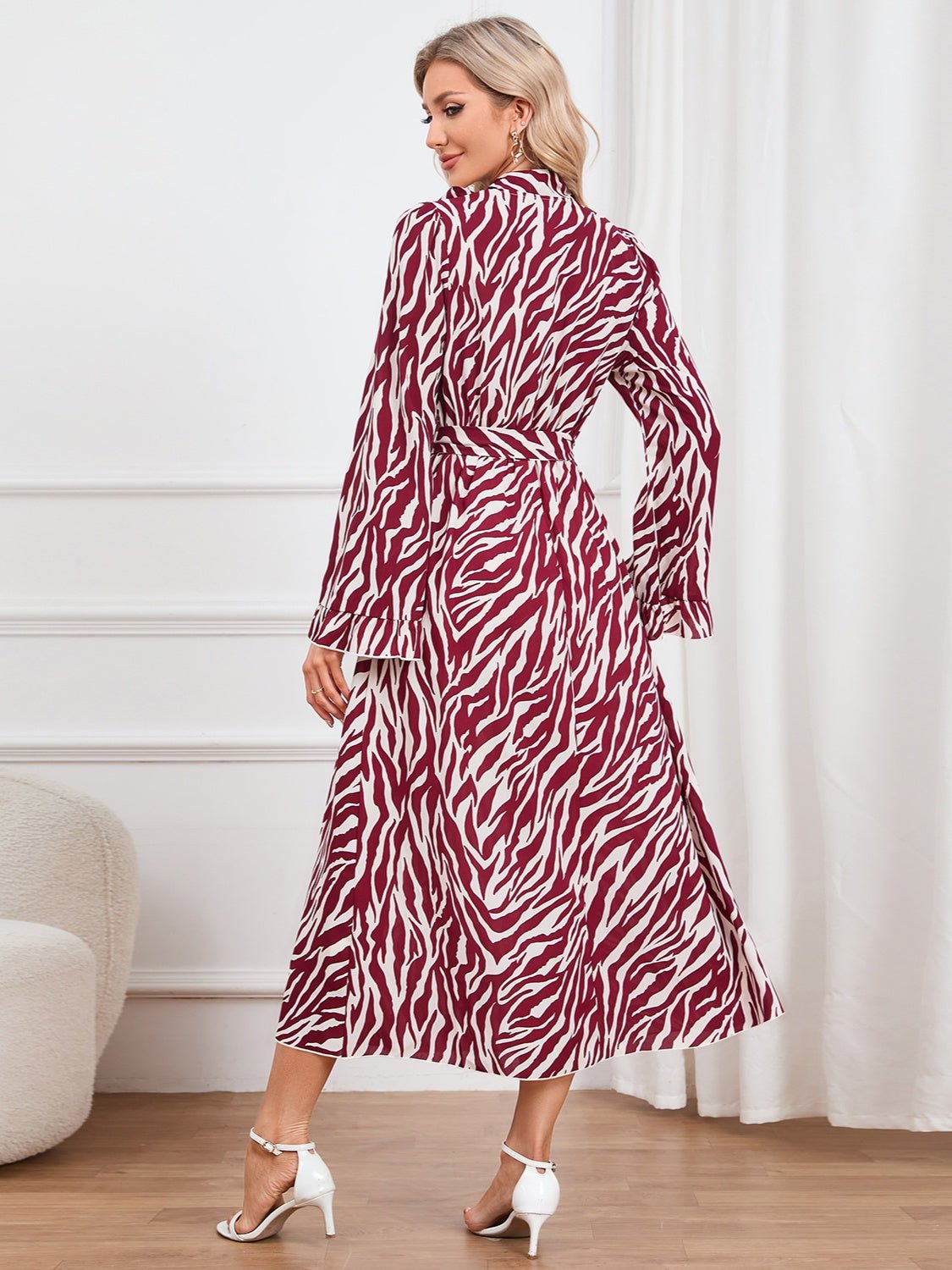 Animal Print Tie Front Ruffle Trim Dress - Runway Regalia