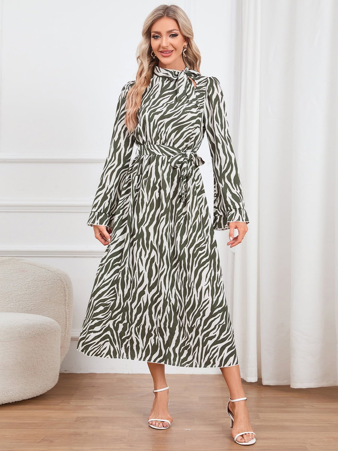 Animal Print Tie Front Ruffle Trim Dress - Runway Regalia