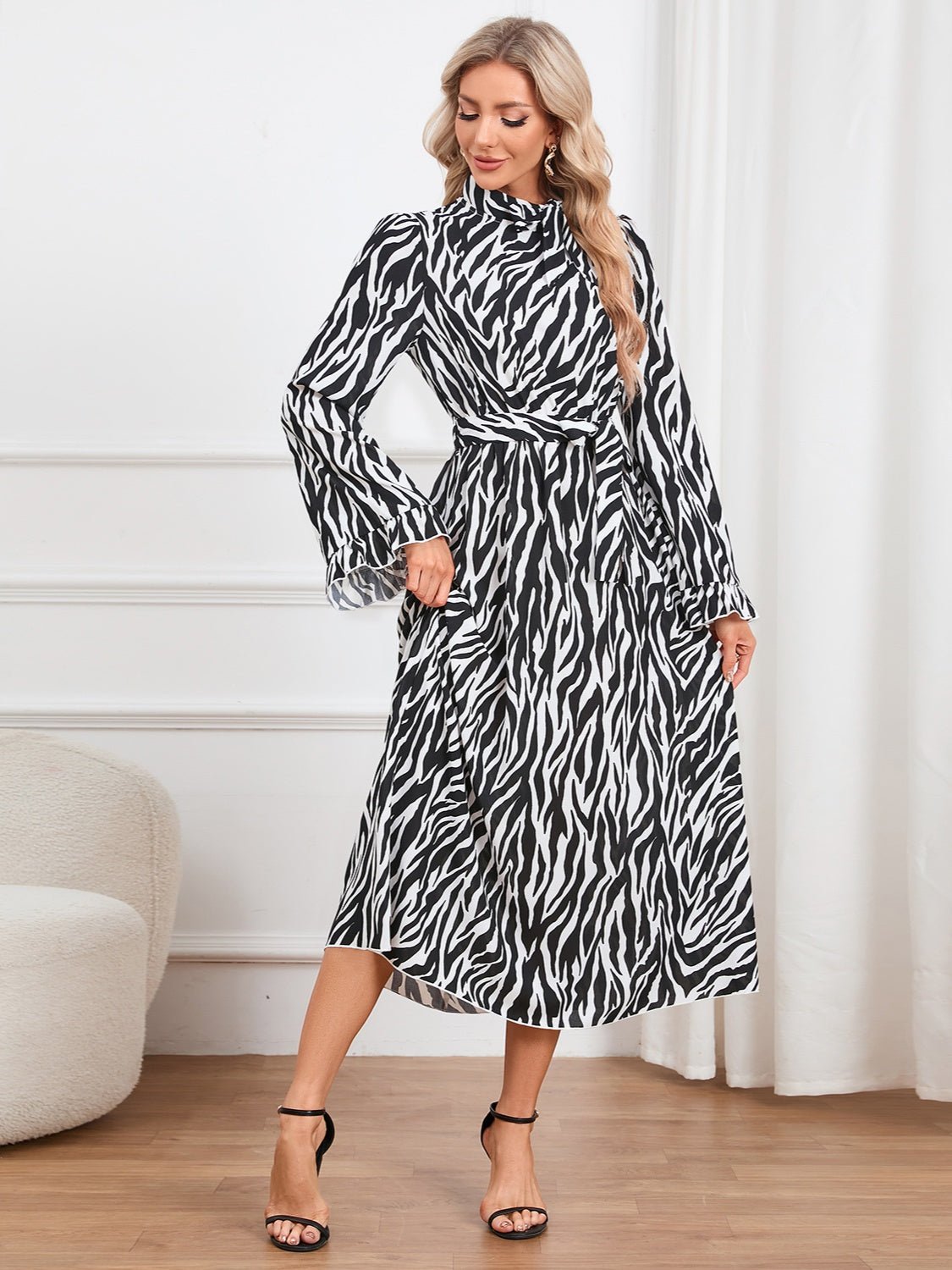 Animal Print Tie Front Ruffle Trim Dress - Runway Regalia