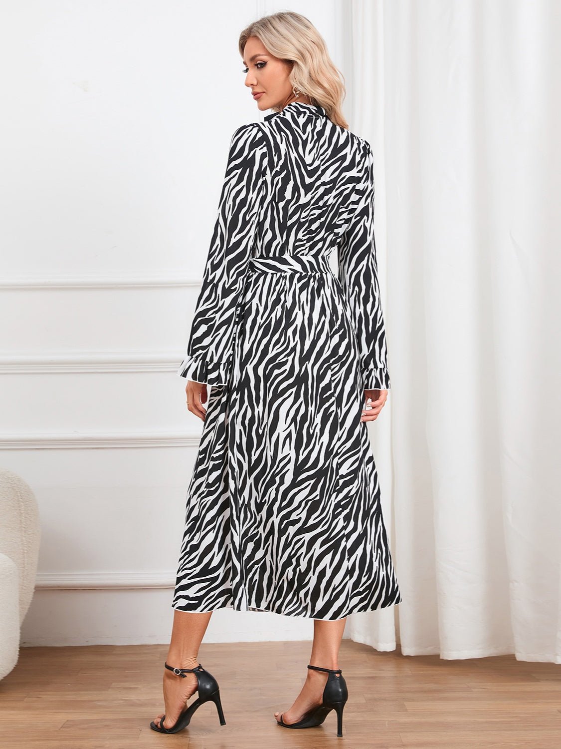 Animal Print Tie Front Ruffle Trim Dress - Runway Regalia