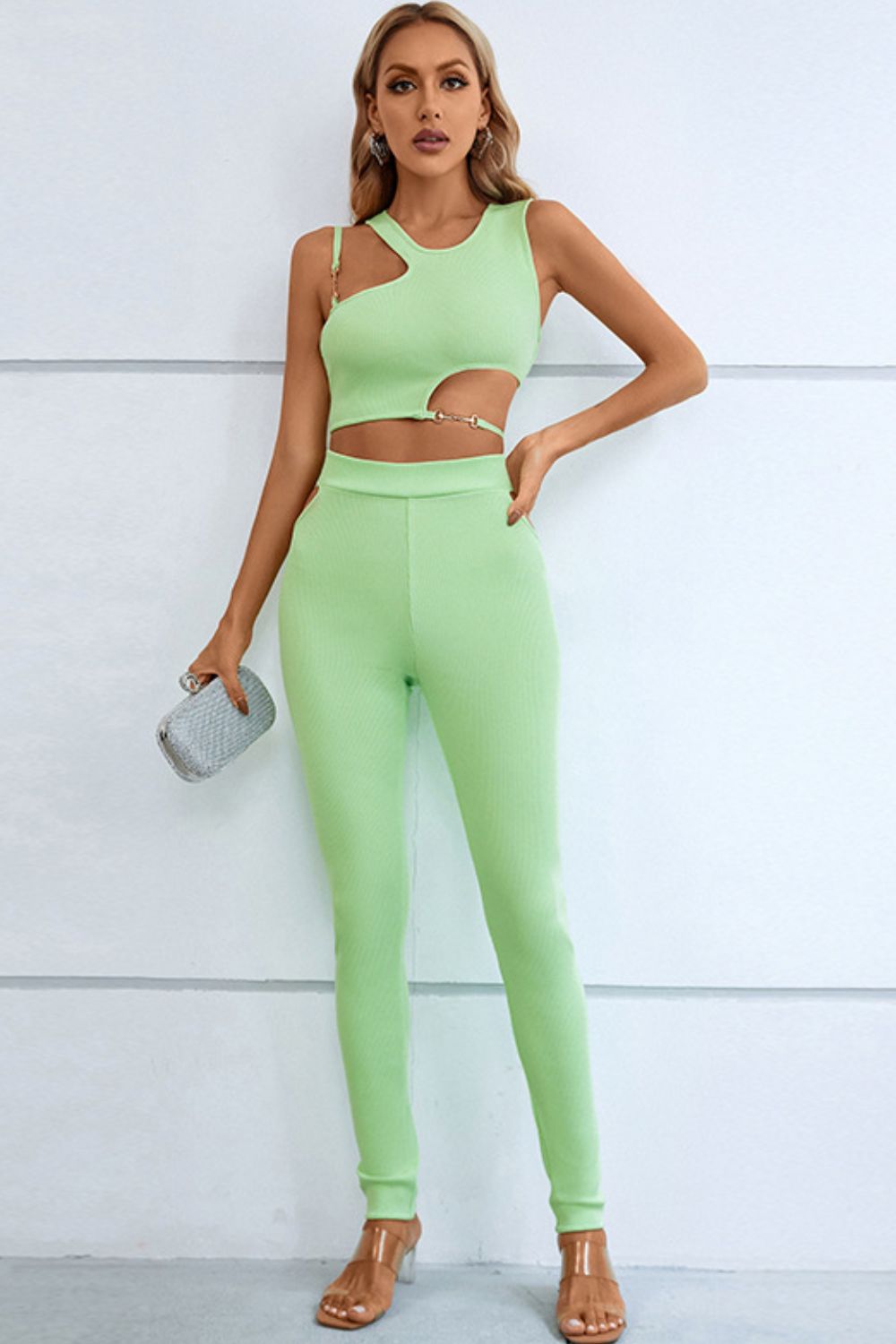 Asymmetrical Ribbed Cutout Tank and Pants Set - Runway Regalia