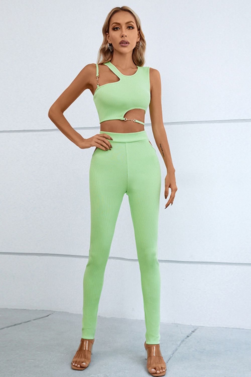 Asymmetrical Ribbed Cutout Tank and Pants Set - Runway Regalia