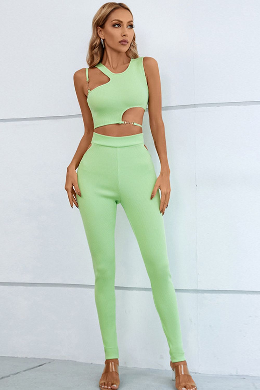 Asymmetrical Ribbed Cutout Tank and Pants Set - Runway Regalia