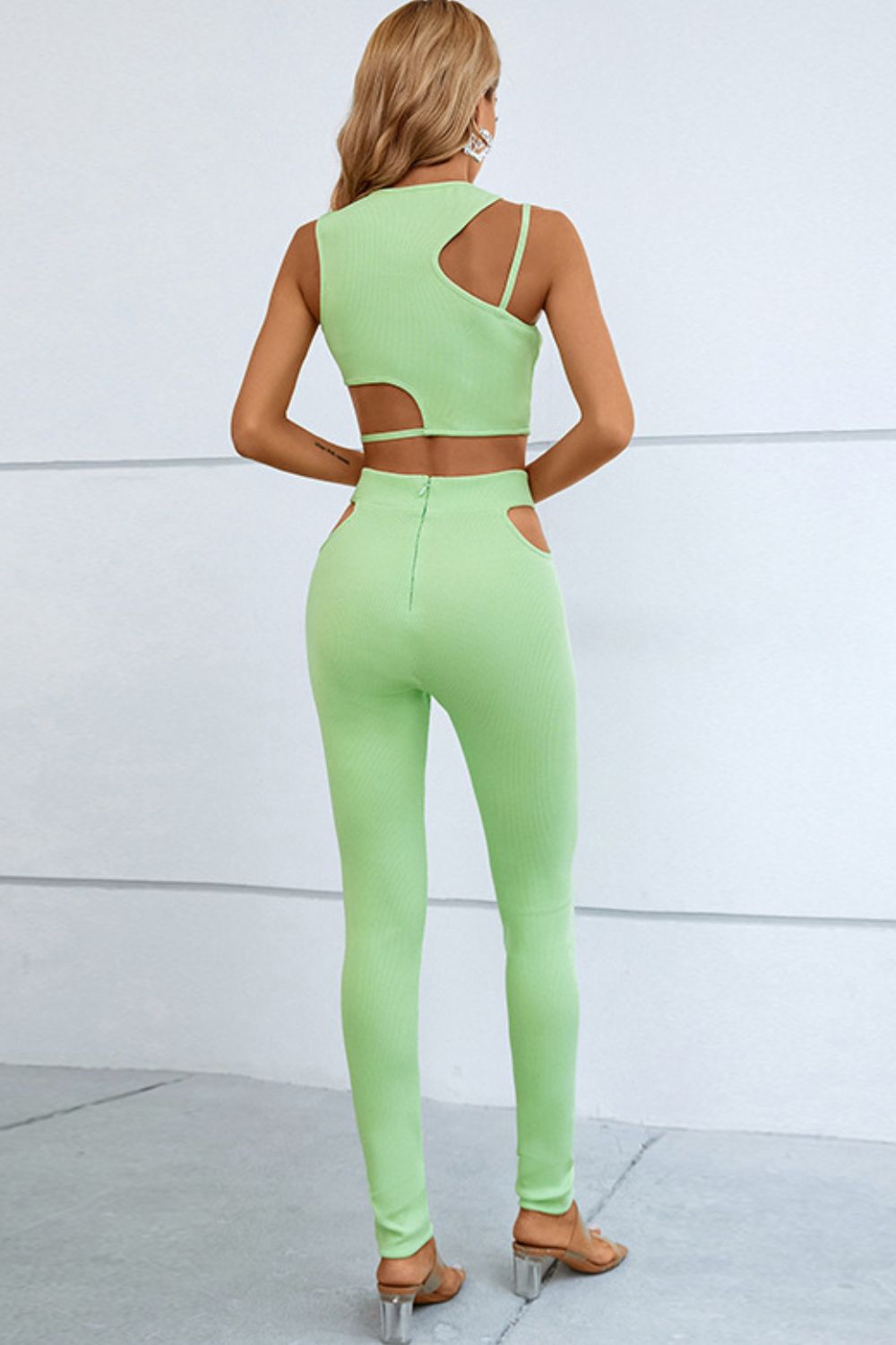 Asymmetrical Ribbed Cutout Tank and Pants Set - Runway Regalia