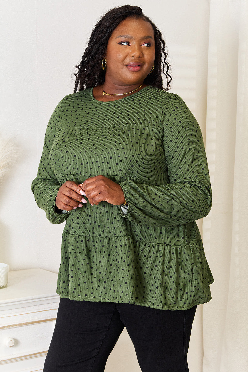 Heimish Full Size Long Puff Sleeve Polka Tiered Top