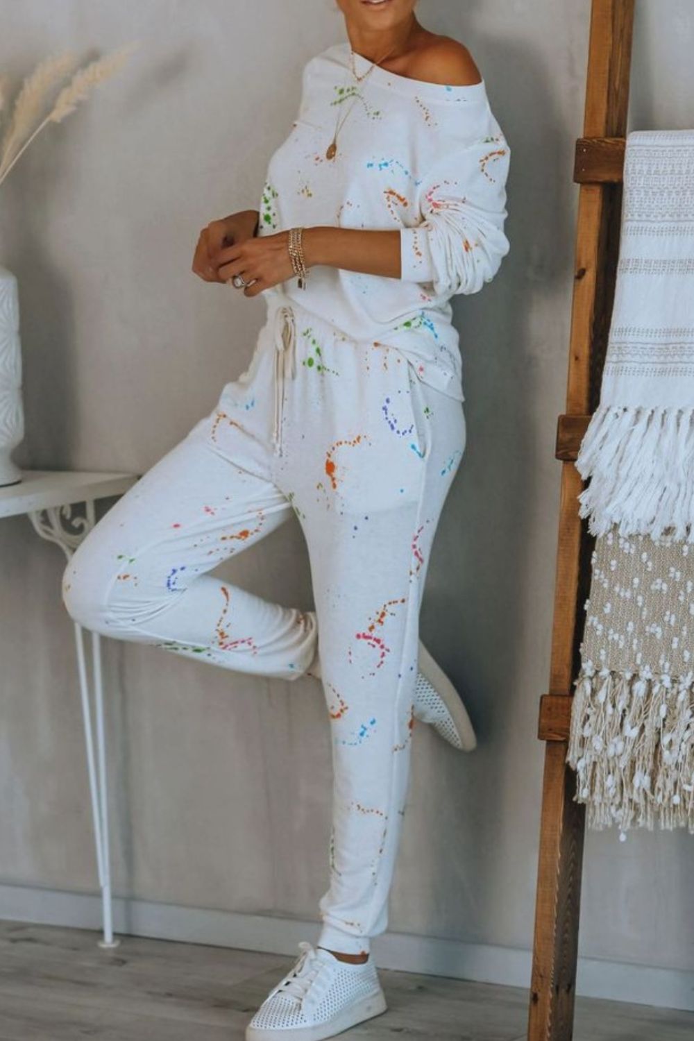 MeiMei Splatter Print Round Neck Top and Drawstring Pants Set