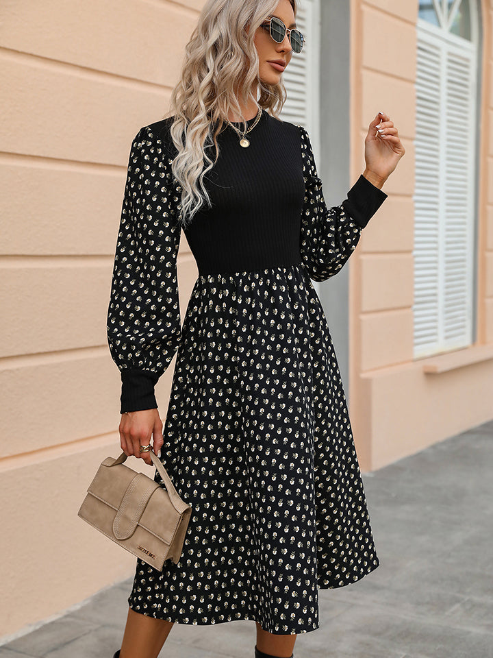 Honey Printed Round Neck Long Sleeve Dress