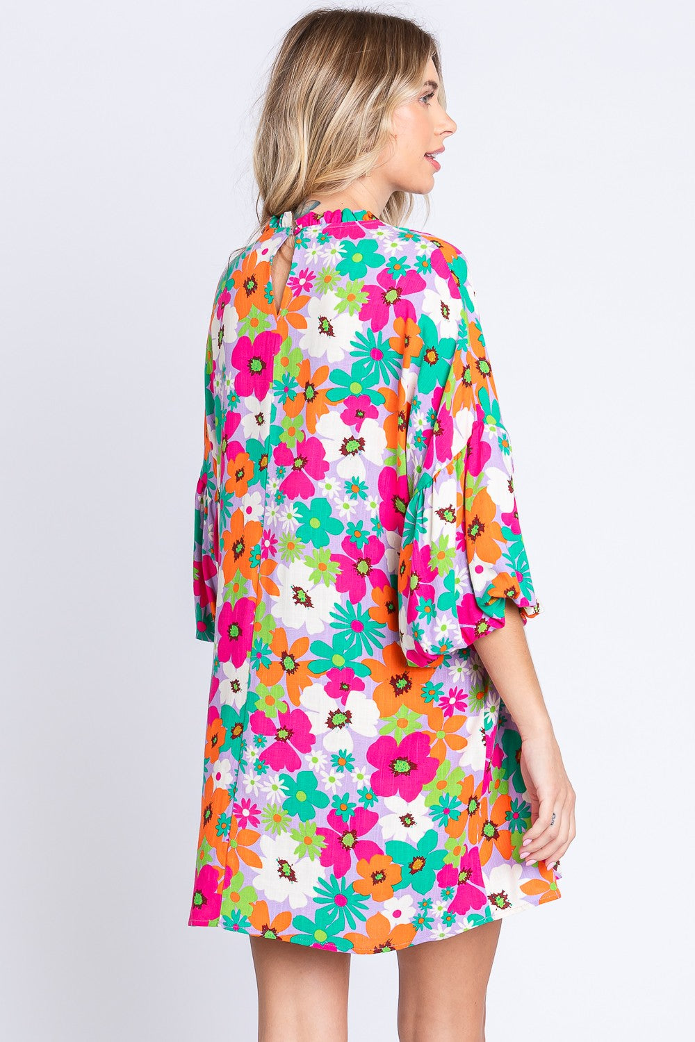 GeeGee Full Size Floral Round Neck Lantern Sleeve Mini Dress