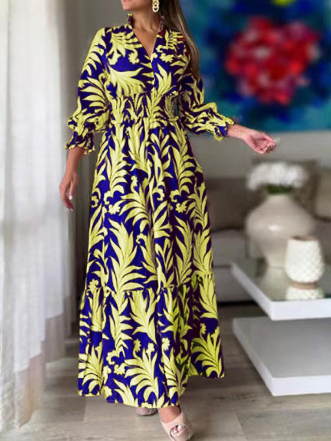 Printed Flounce Sleeve Maxi Dress