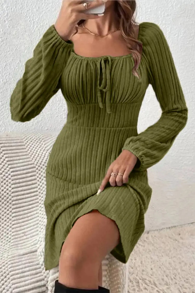 Ribbed Tied Square Neck Long Sleeve Mini Dress