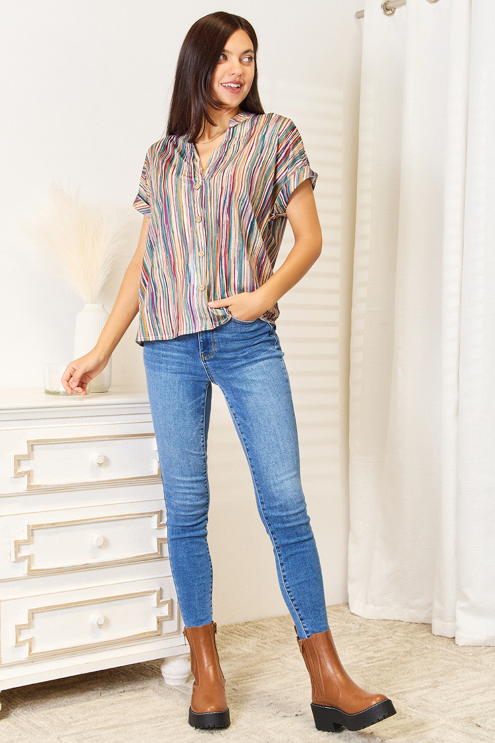 Shiny Multicolored Stripe Notched Neck Top