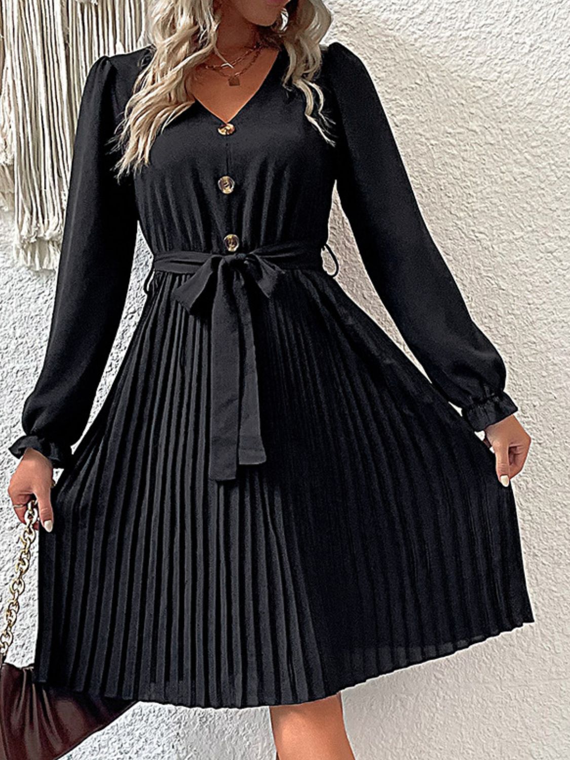 Perfee Decorative Button Belted Puff Sleeve Pleated Dress