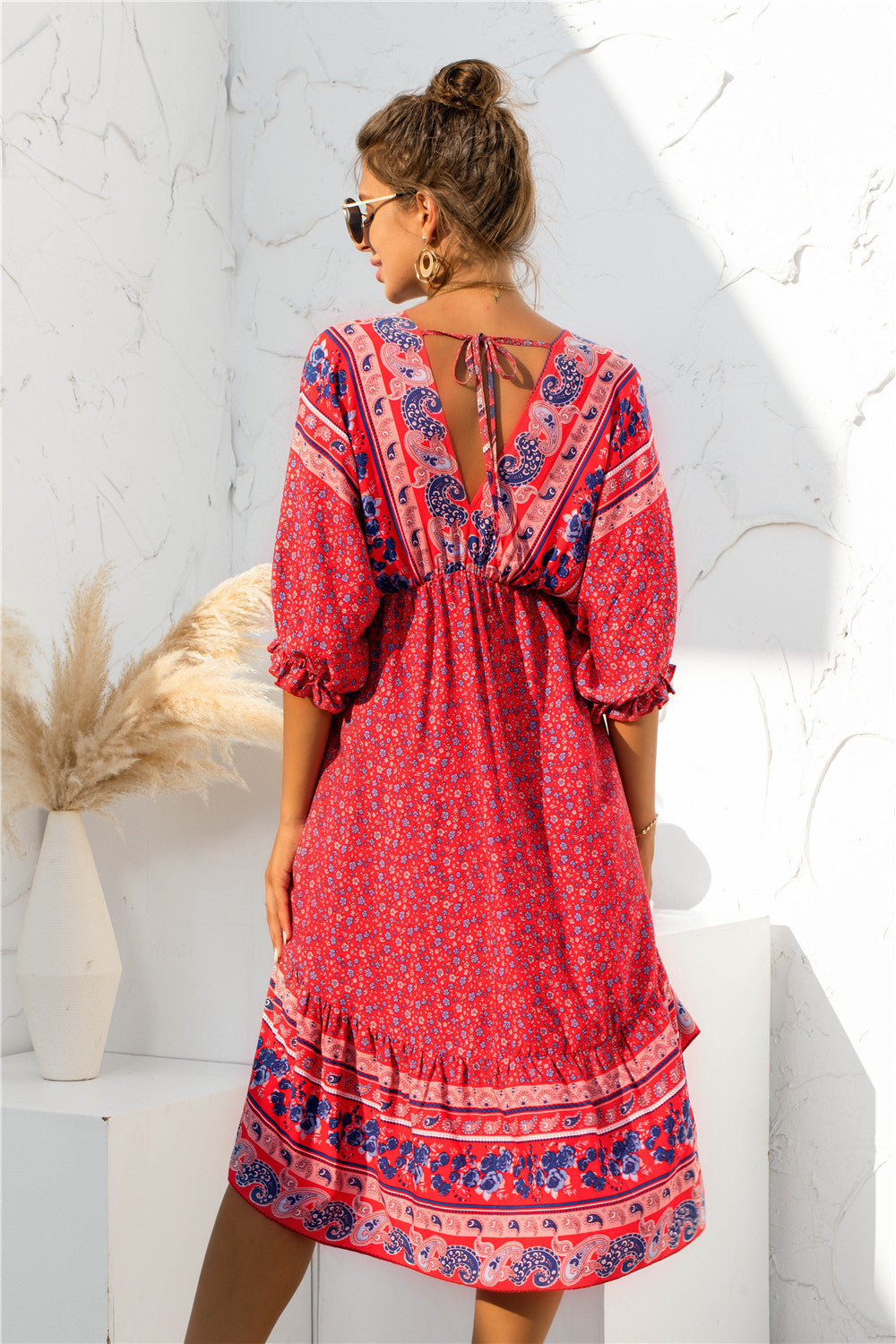 Vestido bohemio con escote en V y estampado