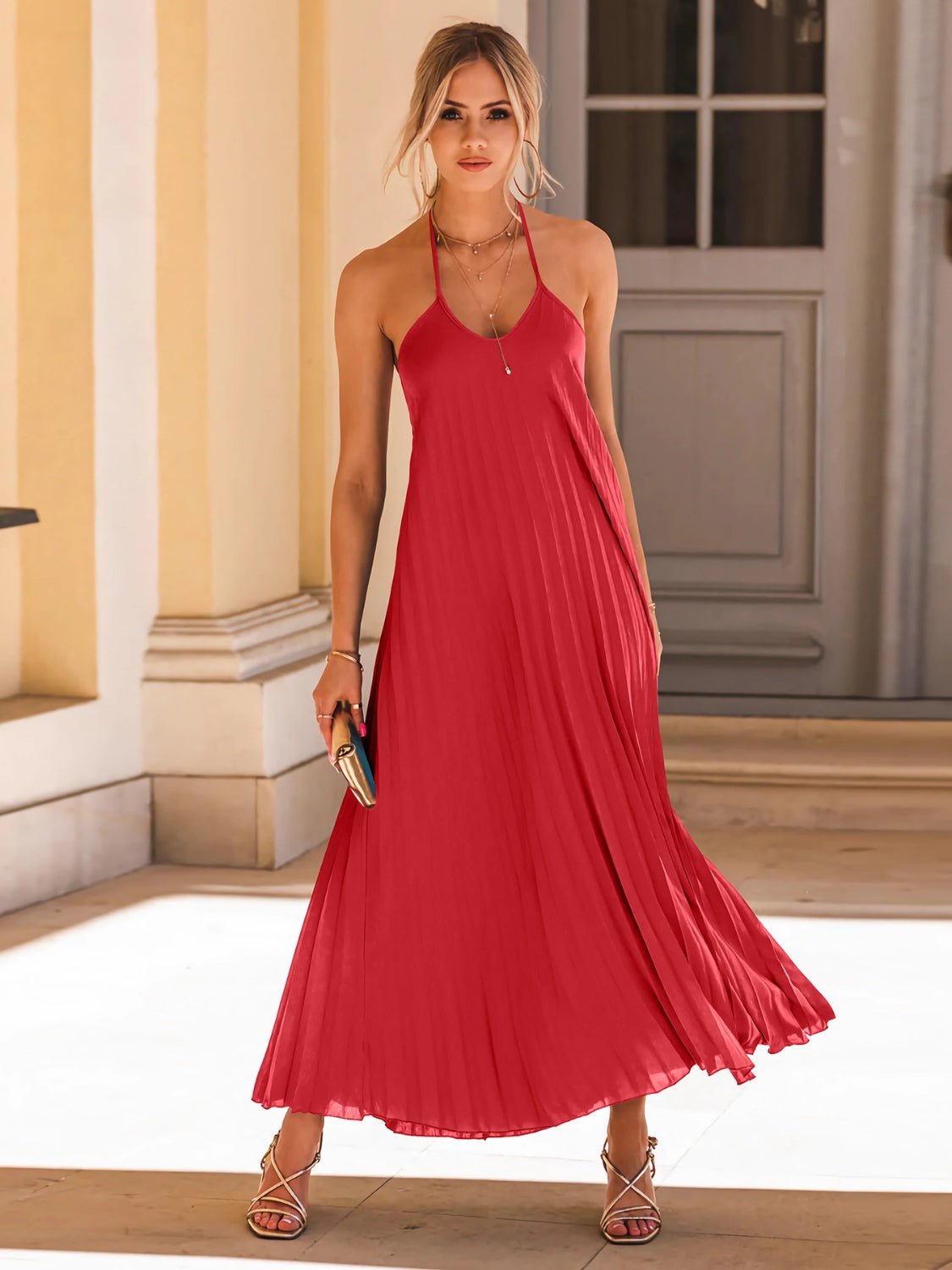 Backless Pleated Halter Neck Dress - Runway Regalia