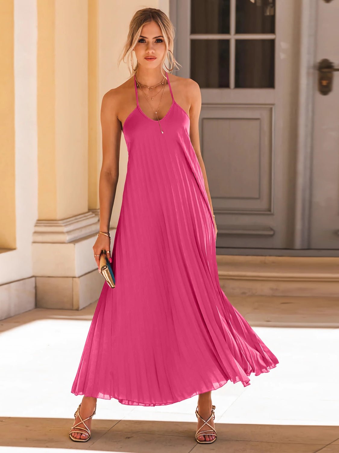 Backless Pleated Halter Neck Dress - Runway Regalia