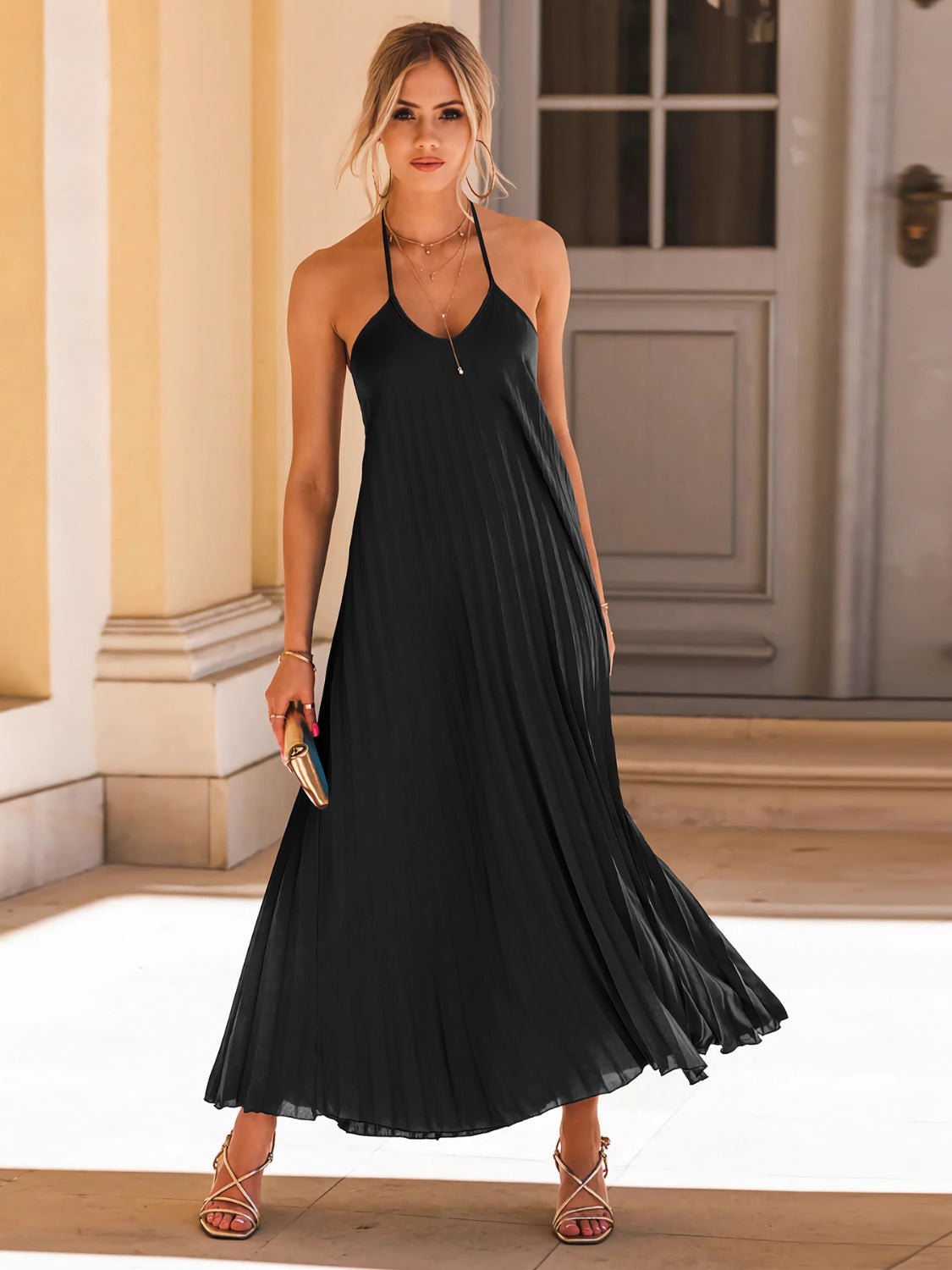 Backless Pleated Halter Neck Dress - Runway Regalia