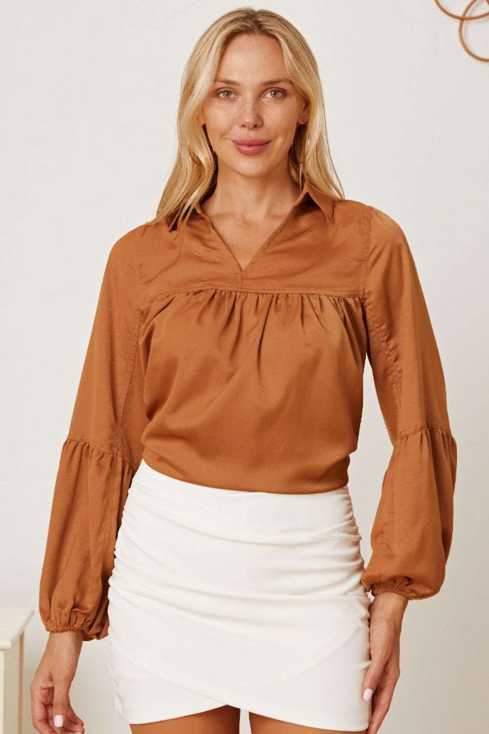 Balloon Sleeve Collared Neck Blouse - Runway Regalia