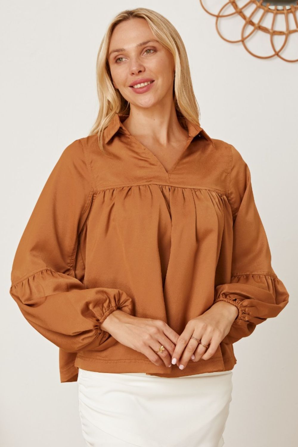 Balloon Sleeve Collared Neck Blouse - Runway Regalia