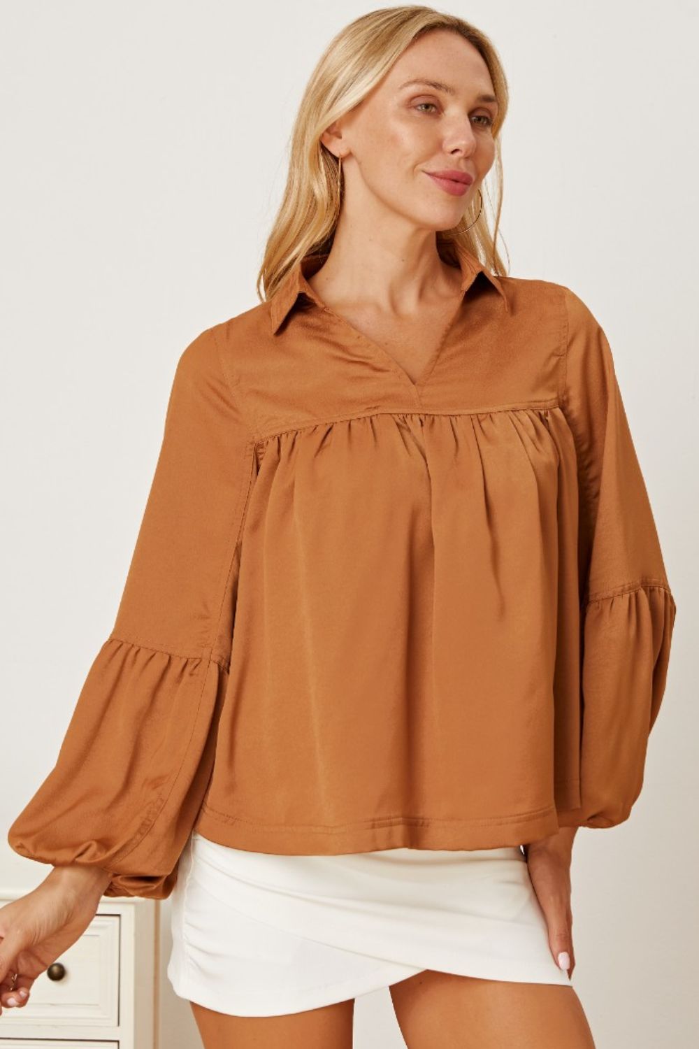 Balloon Sleeve Collared Neck Blouse - Runway Regalia