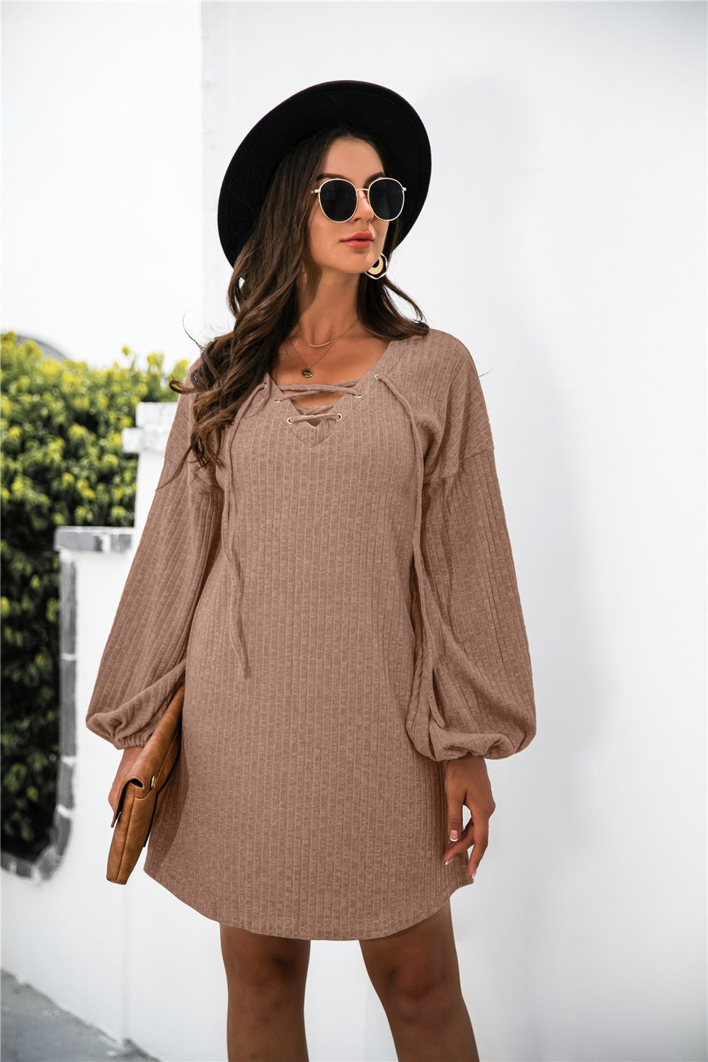 Balloon Sleeve Crisscross Detail Knit Dress - Runway Regalia