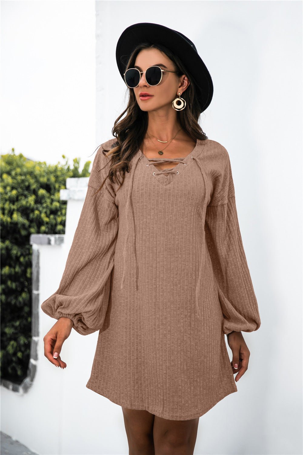 Balloon Sleeve Crisscross Detail Knit Dress - Runway Regalia