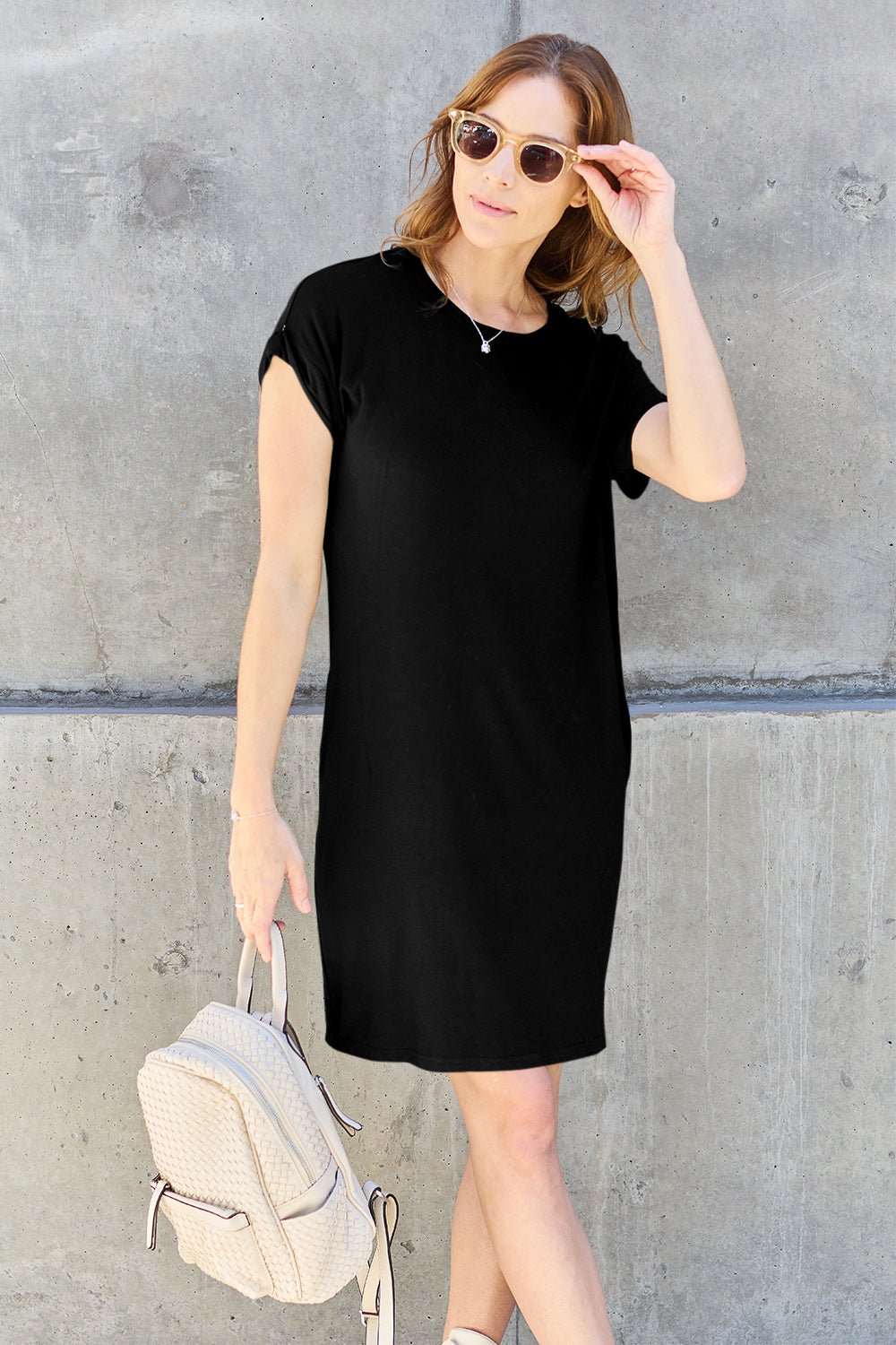 Basic Bae Bamboo Full Size Round Neck Short Sleeve Dress with Pockets - Runway Regalia